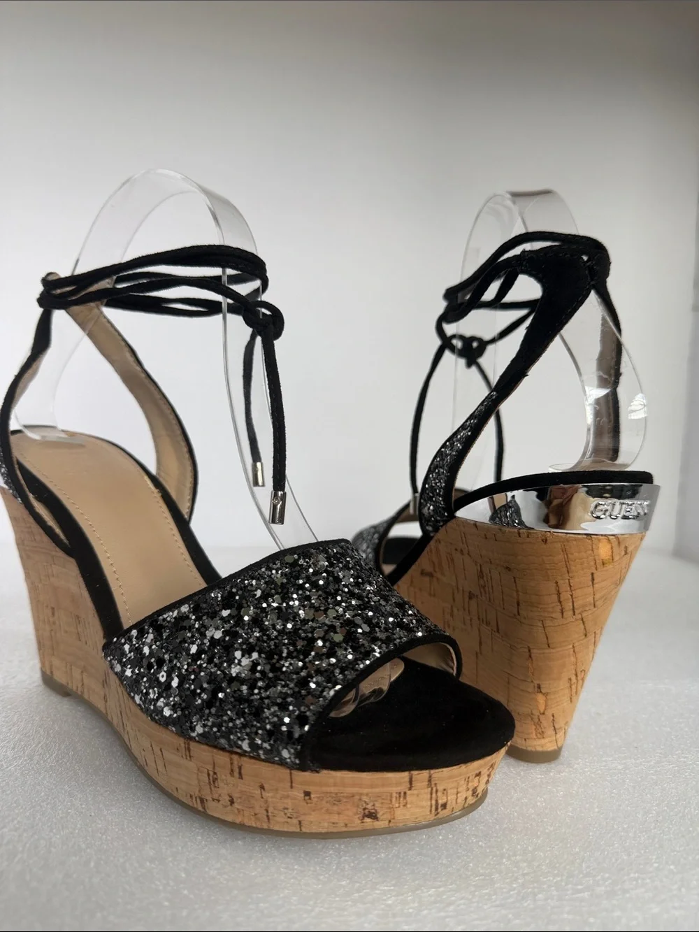 Guess Black Glitter Cork Wedge Sandals with Ankle Tie